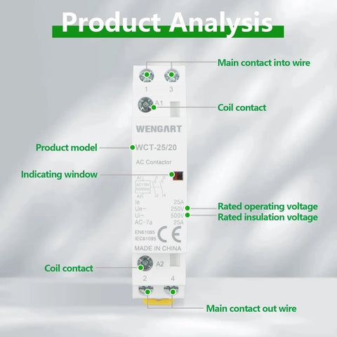 Top Shelf 25A AC Contactor 2NO 2 Pole 120V Coil DIN Rail Mount detailed product analysis showing coil and main contact features.