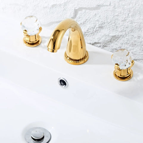 8 Inch Widespread Brass Bathroom Sink Faucet With Crystal Handles Deck Mounted Gold Ti PVD Finish No Drip Ceramic Cartridge