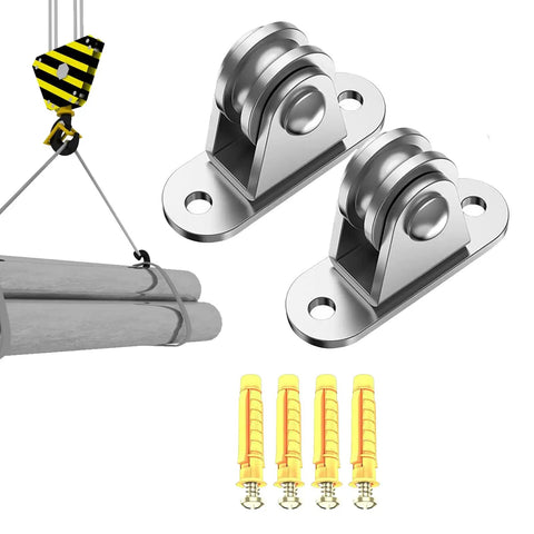 Built Tough Silent Winch Block Pulley Set For Lifting 176 Lb Capacity Stainless Steel Cable Quiet Operation shown with mounting hardware