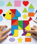 Children assembling Color Coded Shape Pattern Play Cards Set For Fun Hands On Math And Craft Activities with a dog pattern.