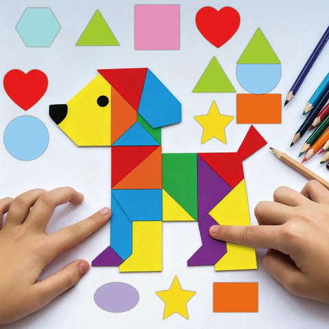 Children assembling Color Coded Shape Pattern Play Cards Set For Fun Hands On Math And Craft Activities with a dog pattern.