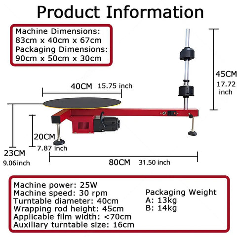 Heavy Duty Electric Stretch Film Dispenser For Pallet Wrapping With Lightning Fast Motor And Auxiliary Turntable dimensions and specifications overview image.