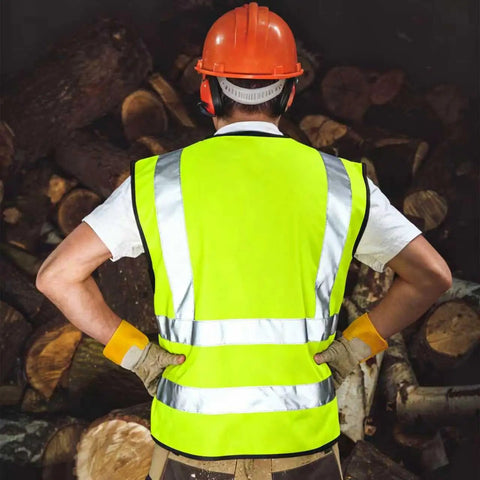 Built Tough Hi Vis Safety Vest For Men With Glowing Reflective Tape Class 2 Approved High Visibility Workgear Boasting Deep Utility Pockets For Builders Road Crews And Warehouse Shifts Five Pack