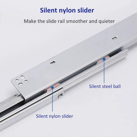 Close-up of Heavy Duty Soft Close Drawer Slides With Full Extension For 40Kg Load, 50Cm Length, nylon slider and steel ball visible