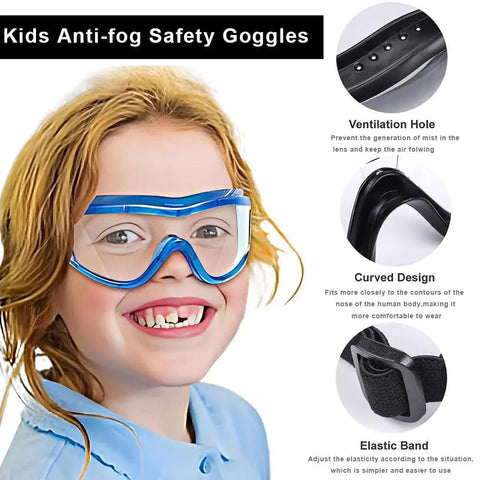 Smiling child wearing Kids Anti Fog Safety Goggles For Science And Nerf Time with soft silicone nose cushion and blue frame.