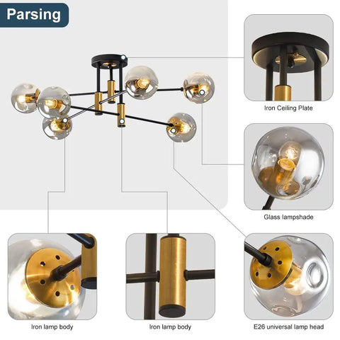 Diagram of Six Light Sputnik Glass Globe Chandelier in black and gold with labeled iron and glass components.
