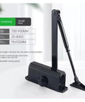 Automatic Door Closer With Adjustable Speed Fits 25Kg To 85Kg Doors For Smooth Quiet Soft Closing Buffer And No Slam Closures Plus Durable Long Lasting Performance With Protective Holder in black, side view