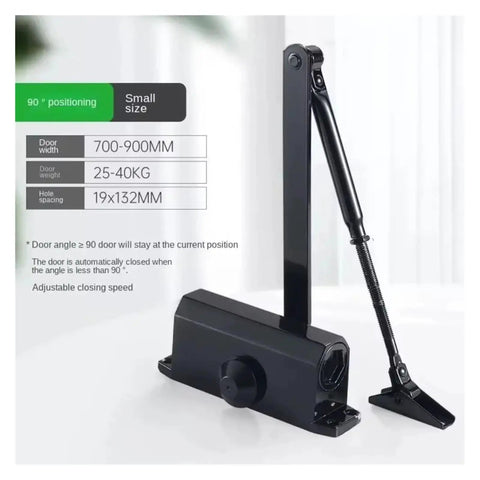 Automatic Door Closer With Adjustable Speed Fits 25Kg To 85Kg Doors For Smooth Quiet Soft Closing Buffer And No Slam Closures Plus Durable Long Lasting Performance With Protective Holder in black, side view