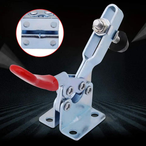 Hot Pick Vistreck 4-Pack 201B Horizontal Toggle Clamps With Storage Case For Super Fast Workholding, Quick Release Jig Assembly And Non Slip Grip On Wood Metal Projects, showing metal clamp with red handle.