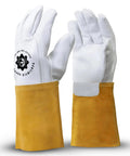 Heavy-Duty Leather Welding Gloves With Extended Cuff For Full Forearm Protection, Heat-Resistant Goatskin Work Gloves displayed pair