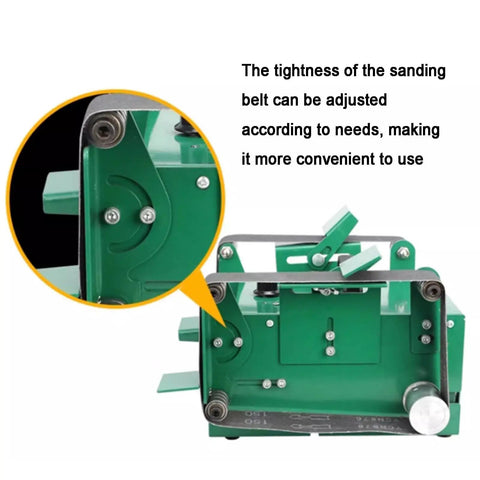 Close-up showing adjustable sanding belt tension on Compact 1850W Bench Grinder Belt Sander With Adjustable Speed Up To 12000 RpM.