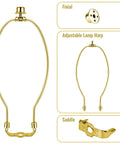 Adjustable lamp harp and finial in polished brass, highlighting features for Snag These Tough 10 Inch U Shaped Lamp Harps To Secure Wobbly Table Lamps Fast Featuring Dependable Saddle Clips And Knockout Finial Caps For A Damn Nice Finish.