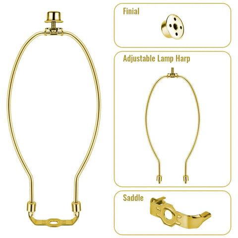 Adjustable lamp harp and finial in polished brass, highlighting features for Snag These Tough 10 Inch U Shaped Lamp Harps To Secure Wobbly Table Lamps Fast Featuring Dependable Saddle Clips And Knockout Finial Caps For A Damn Nice Finish.