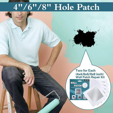Man sitting on ladder with All In One Wall Repair Patch Kit With Self Adhesive Aluminum Mesh For Holes In Walls And Ceilings