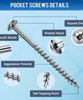 Diagram of Heavy Duty Pocket Hole Screws 1 Inch Set, Size 8 x 1 In, showing square drive, washer head, and self-tapping point.