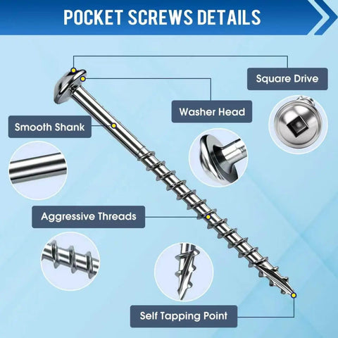 Diagram of Heavy Duty Pocket Hole Screws 1 Inch Set, Size 8 x 1 In, showing square drive, washer head, and self-tapping point.