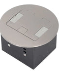 Rock Solid Round Recessed Floor Outlet Kit Featuring Heavy Duty Stainless Steel Case And Dual 20A Three Prong Electrical Sockets No Fuss Install for home or commercial use.