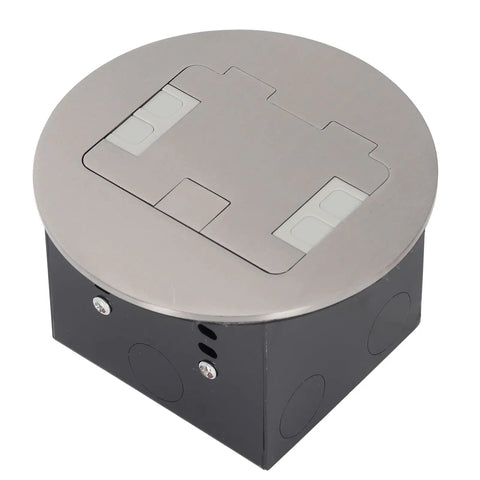 Rock Solid Round Recessed Floor Outlet Kit Featuring Heavy Duty Stainless Steel Case And Dual 20A Three Prong Electrical Sockets No Fuss Install for home or commercial use.