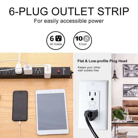 Beefy Aluminum Wall Mount Power Strip With Six Outlets And Long Ten Foot Cord, 14 AWG Power Cable, black metal socket shown on desk