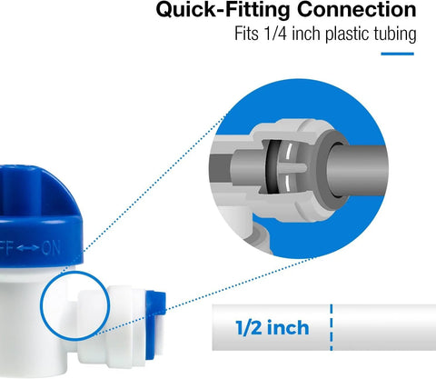 iSpring ICEK fridge water line installation kit; white valve with blue cap and quick-connect for 1/4 in tubing