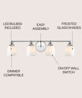 Dope Chrome Modern Farmhouse LED Vanity Light Wall Sconce With Frosted White Glass Shade Dimmable Bath Vanity Fixture For Mirror And Sink Energy Efficient LED Bulbs Included UL Listed Easy Install, displaying detailed labeled features.