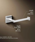 Sleek Square Wall Mounted Toilet Paper Holder In Polished Chrome Premium Metal Construction Pivoting Roll Easy Install With Mounting Hardware Included Modern Bathroom Accessory with dimensions shown