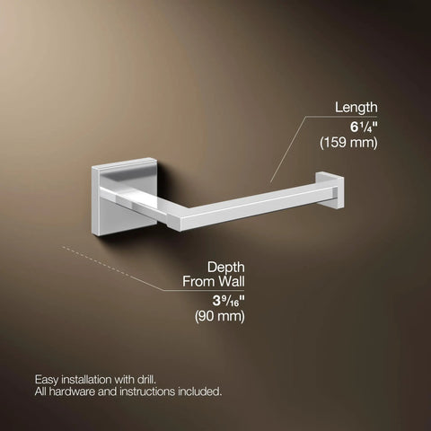 Sleek Square Wall Mounted Toilet Paper Holder In Polished Chrome Premium Metal Construction Pivoting Roll Easy Install With Mounting Hardware Included Modern Bathroom Accessory with dimensions shown