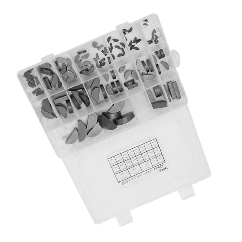 135 Piece Woodruff Key Assortment Kit With 21 Half Moon Key Sizes in plastic case, keys organized by semicircle and shaft shapes.