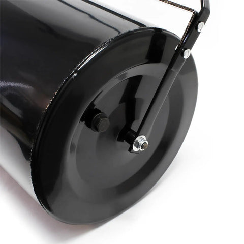 Close-up of Push And Tow Lawn Roller with Drum Plug Design 16 Gallon Steel Tank showing side view and handle attachment