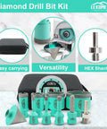 Badass Heavy Duty 11 Piece Tile Hole Saw Kit For 6 To 65 MM Holes Includes 4.5 Inch Diamond Cutting Disc Wheel Finger Bit And Chamfer Tool For Porcelain Ceramic Granite Masonry displayed in a compact carrying case with versatile diamond drill bits.