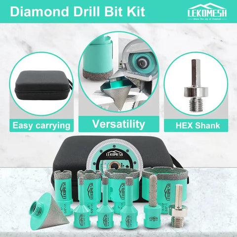Badass Heavy Duty 11 Piece Tile Hole Saw Kit For 6 To 65 MM Holes Includes 4.5 Inch Diamond Cutting Disc Wheel Finger Bit And Chamfer Tool For Porcelain Ceramic Granite Masonry displayed in a compact carrying case with versatile diamond drill bits.