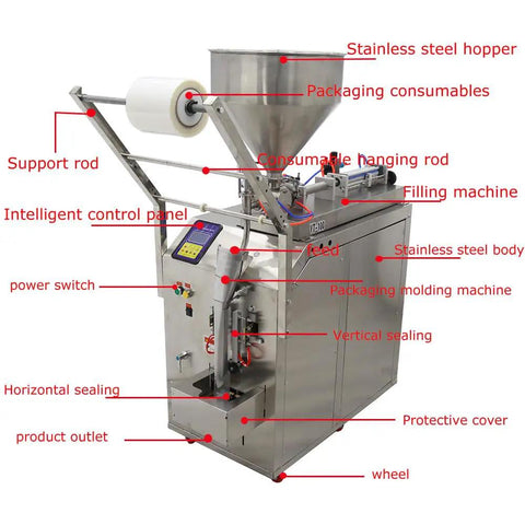 Automatic Liquid Filling And Packaging Sealer With Horizontal Mixing Hopper Handles 10 To 100 ML Loads For Sauces And Drinks Built Tough Stainless Steel Frame with control panel and hopper.