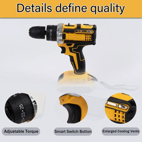 No Fuss Brushless Cordless Drill With Adjustable Torque And Smooth Variable Speed Trigger Built Like A Tank To Crush Daily Job Site Grind While Pumping Out Reliable Muscle detail with adjustable torque, smart switch button, and cooling vents