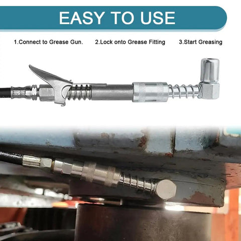 90 Degree Grease Coupler Adapter for Grease Guns 3 Jaw Fitting Tool with Sleeve Locking Angled Coupler in use on machinery