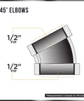 1/2 Inch Cast Iron Threaded 45 Degree Street Elbow With Durable Black Finish Designed For Rock Solid Industrial Piping And Straightforward Gas Line Connections Built Tough, detailed technical illustration.
