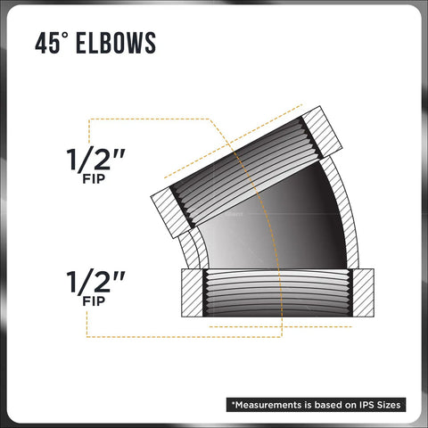 1/2 Inch Cast Iron Threaded 45 Degree Street Elbow With Durable Black Finish Designed For Rock Solid Industrial Piping And Straightforward Gas Line Connections Built Tough, detailed technical illustration.