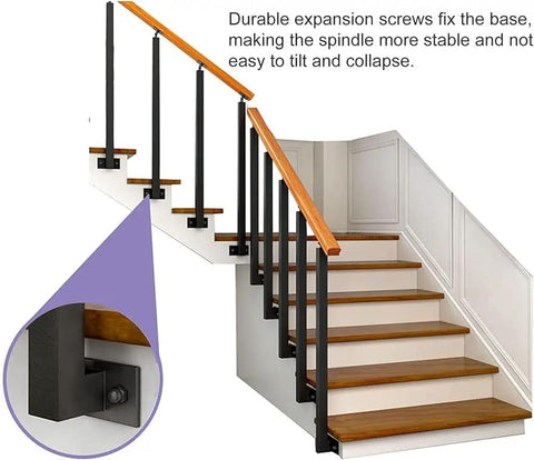 Heavy Duty Metal Hand Railing Spindles With Rock Solid Square Stair Balusters And Two Hundred Seventy Degree Pivot Bracket For Top Shelf Porch Deck Banisters Indoors Or Outdoors Ninety Centimeters One Pack installed on wooden staircase with durable base support.