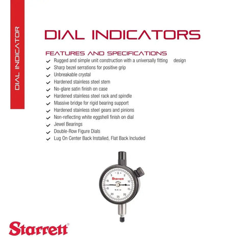Dial Indicator With Jewel Bearings And Lug On Center Back, White Face, 0 To.125 Inch Range, Balanced Dial With.0005 Inch Graduation shown