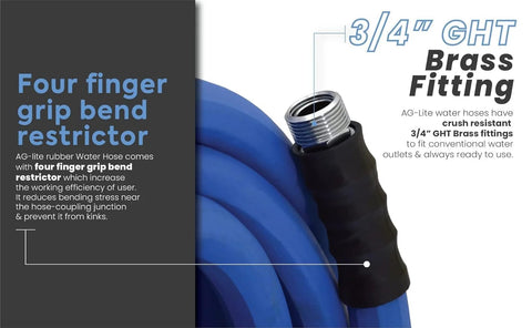 Close-up of blue rubber garden hose with brass 3/4 GHT fitting and black grip.