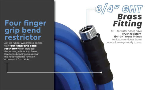 Ultra Lightweight Rubber Farm Hose For Ranch Work Three Quarter Inch By Fifteen Feet, 500 PSI with Brass GHT Fittings
