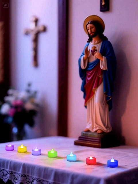 Statue with colorful Flickering Flameless LED Tea Lights 24 Pack Battery Operated For Wedding Centerpieces And Home Decor