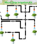 Diagram of 250 Piece Quarter Inch Drip Irrigation Fittings Kit With Barbed Connectors Nozzles and Plants