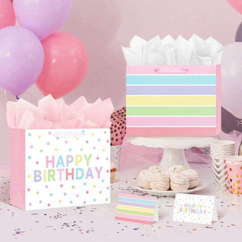 2-Pack 13 Inch Large Happy Birthday Gift Bags With Tissue Paper And Greeting Cards for Girls and Women Party Favors on table