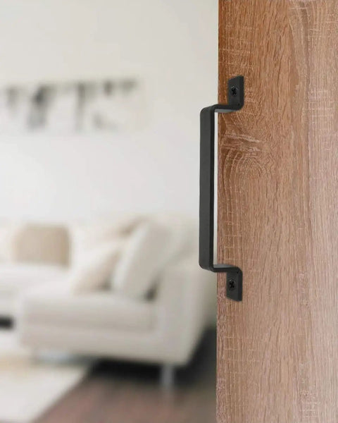 Go To Barn Door Handles Matte Black Easy To Install Heavy Duty Flush Pull And Lock Latch Built From Solid Steel With Powder Coat Finish Anti Rust Durable Hardware Included For Quick Mount On Most Barn Doors attached to a wooden door