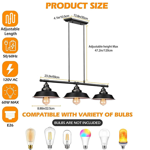 Industrial Kitchen Island Pendant Light With Adjustable Height Rustic Farmhouse Three Light Pendant size and bulb options