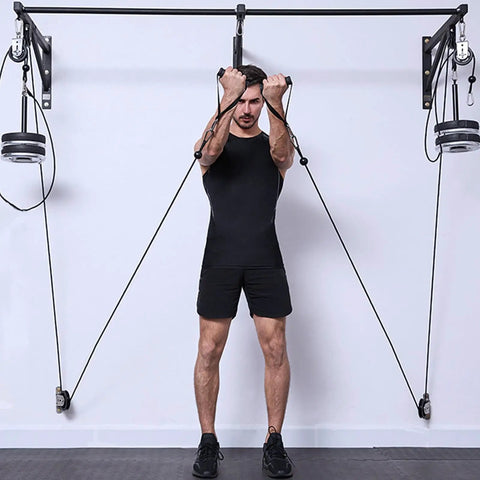 Man using Heavy Duty Gym Pulley System With Wall Mount Single Pulley Block Silent 360 Degree Swivel Wheel for exercise