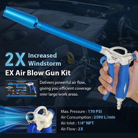 Windstorm EX Beefy 2X Flow High Performance Air Blow Gun Master Kit shown held in hand with long nozzle attachment