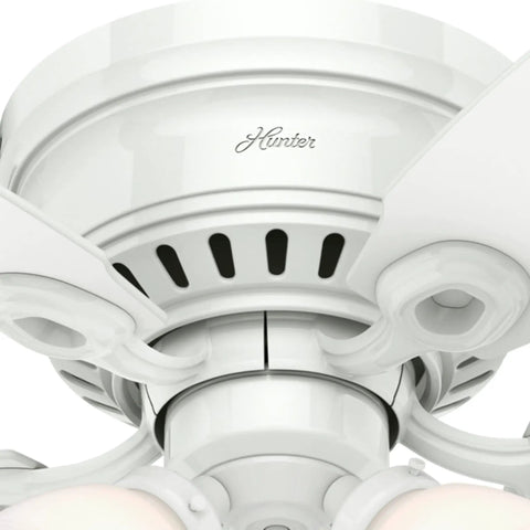 Close-up of Low Profile Indoor Ceiling Fan With LED Light And Pull Chain Control Dope Multi Speed Reversible Motor housing.