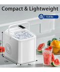 Portable Ice Maker Countertop Delivers Dual-Size Bullet Ice With Basket And Scoop For No Sweat 26 Lbs Daily Production And Auto Clean Action, compact design with visible ice cubes.