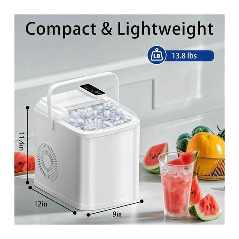 Portable Ice Maker Countertop Delivers Dual-Size Bullet Ice With Basket And Scoop For No Sweat 26 Lbs Daily Production And Auto Clean Action, compact design with visible ice cubes.